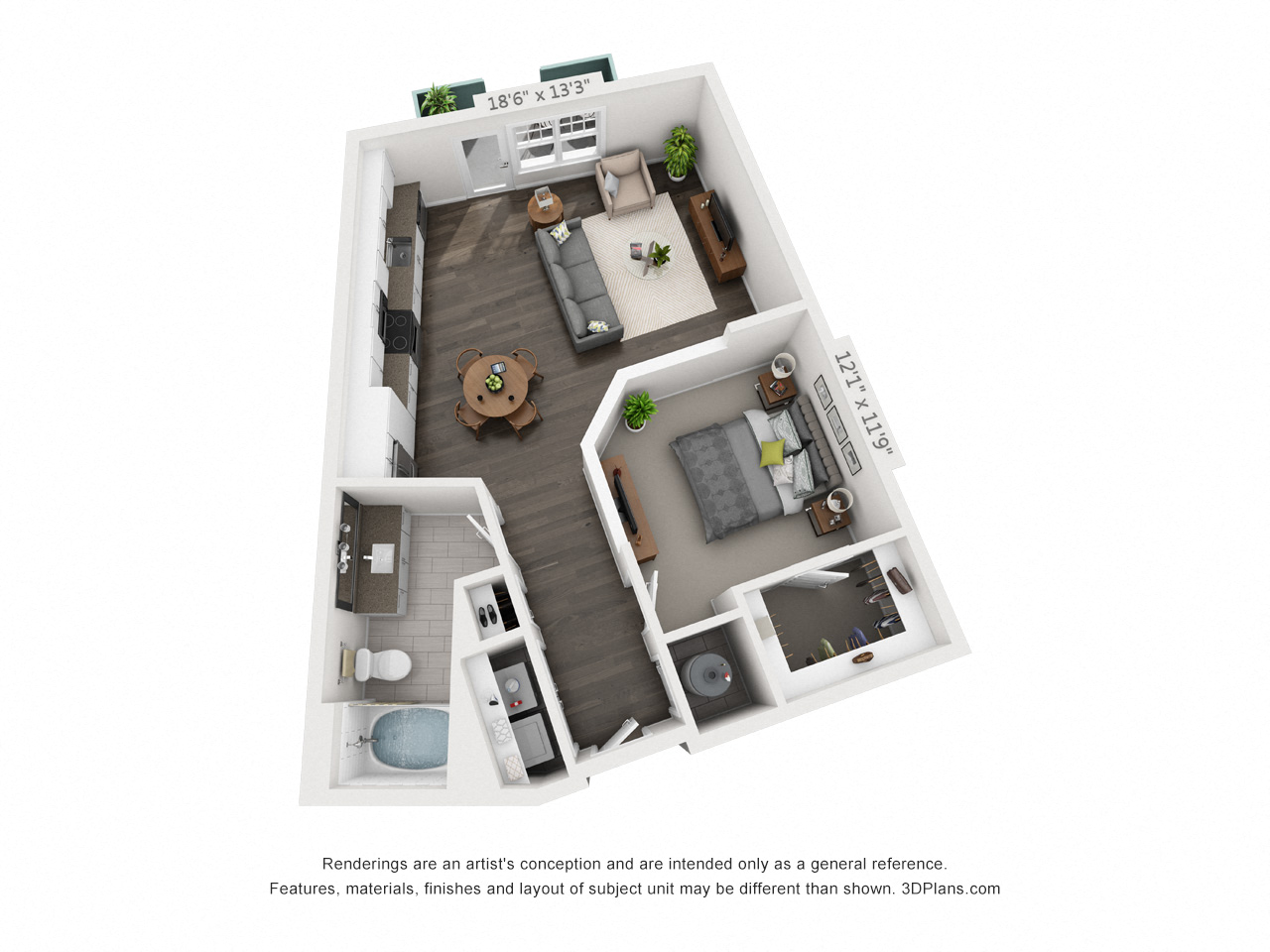Floor plan for 1 bed, 1 bath, 744 sqft